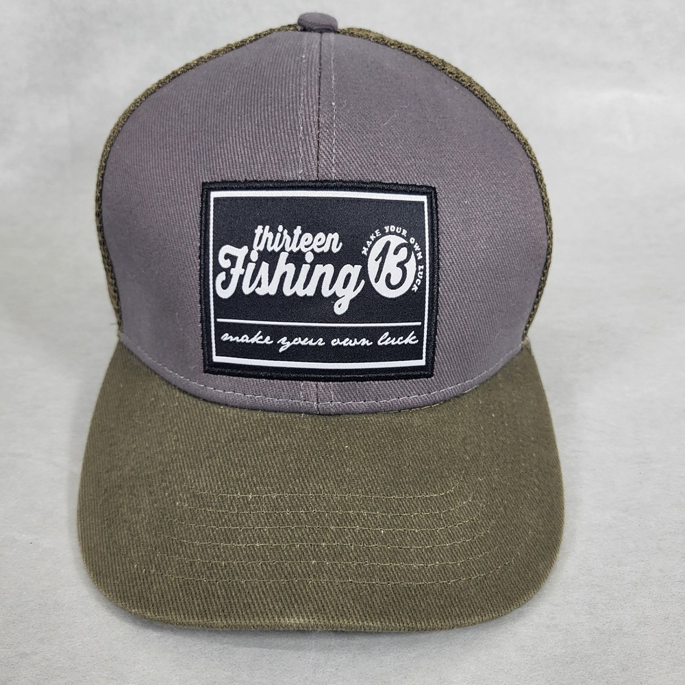 THIRTEEN FISHING 13 Hat Cap Snapback Green Gray Patch.